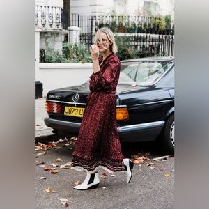 & other stories Paris Atelier heart print midi dress in oxblood